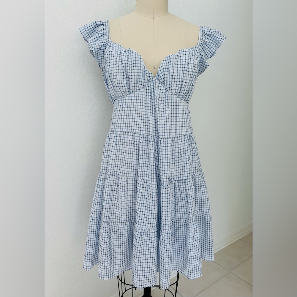 English Factory Mini Dress NWT Blue White Check Print Tiered Ruffled Straps L